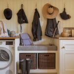 Beige utility room showing appliances within cabinetry and organised storage