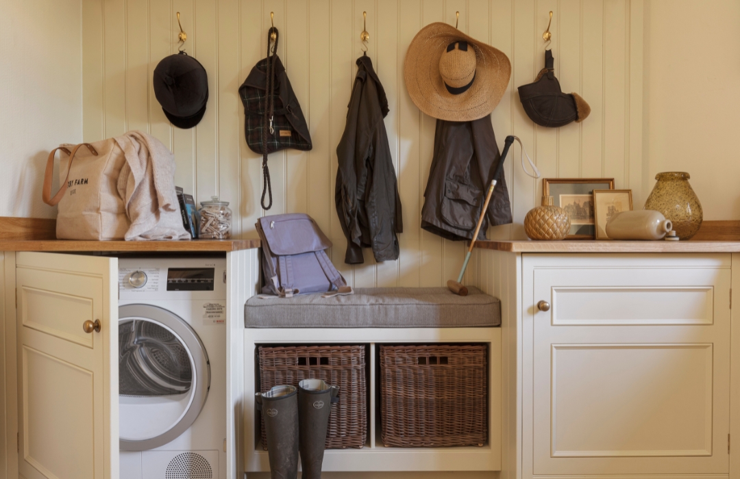Beige utility room showing appliances within cabinetry and organised storage