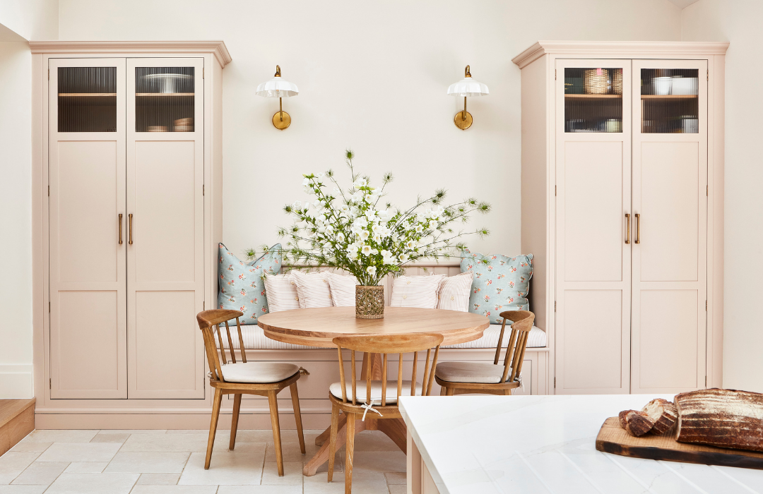Kitchen design featuring fluted glass and kitchen dining area featuring banquette seating