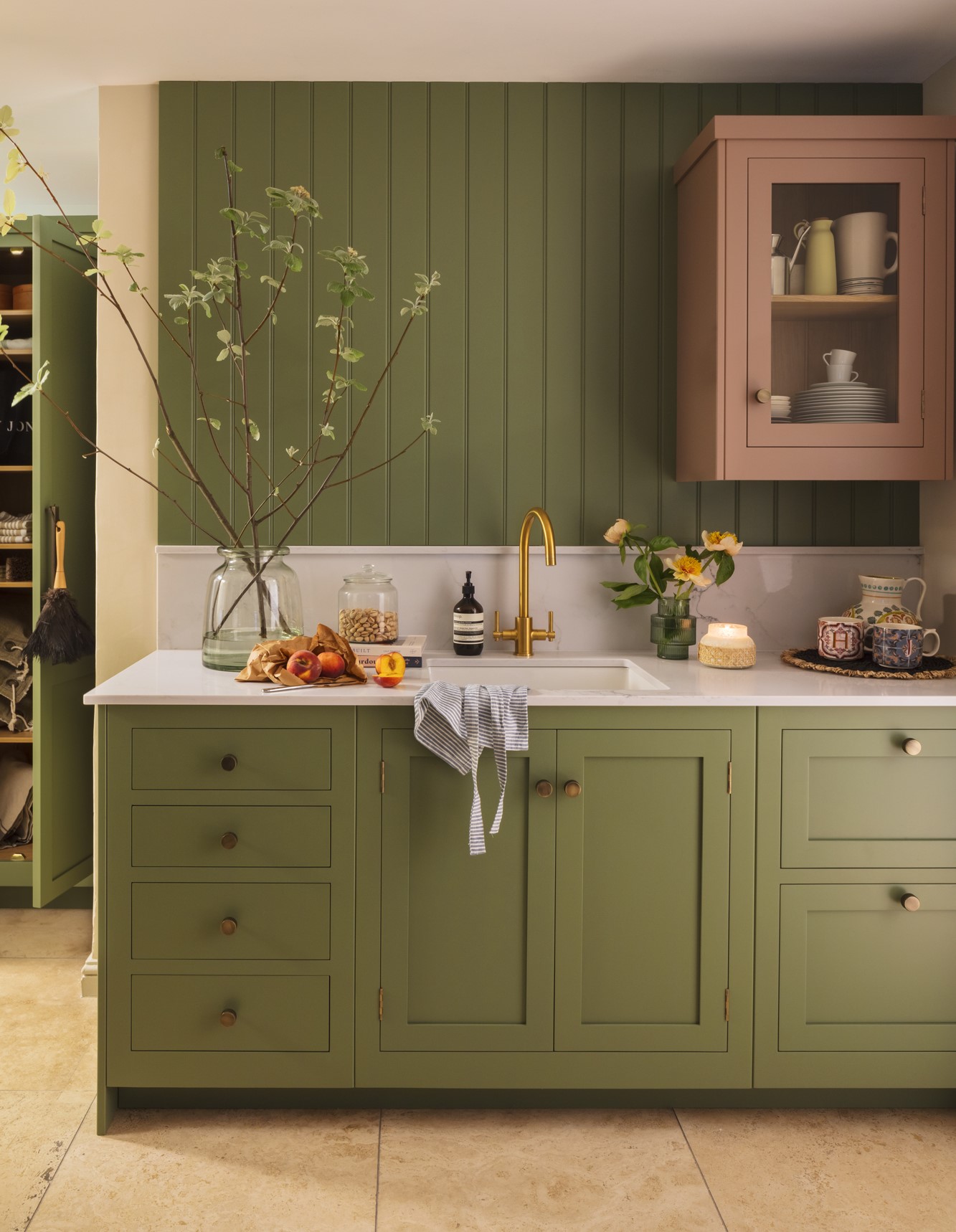 Sage Green Shaker Kitchen Cabinets with Sink