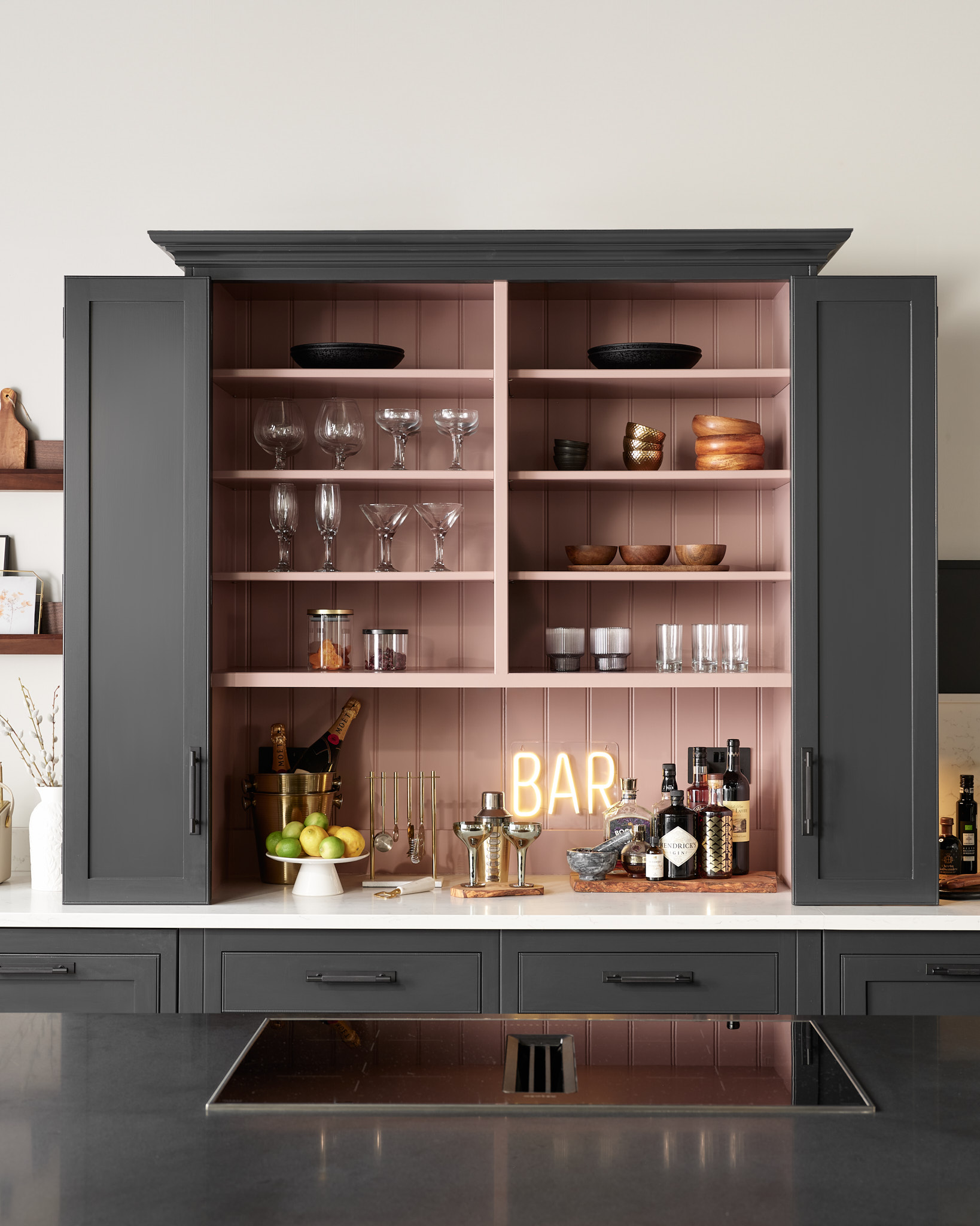 monochrome kitchen cabinet storage