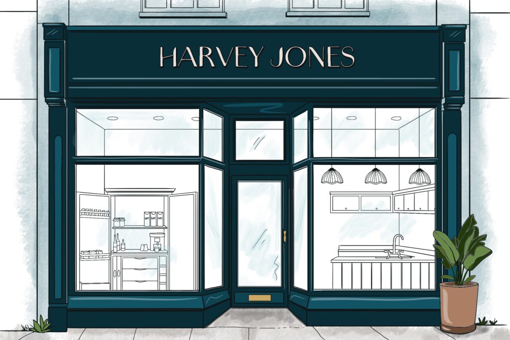 harvey jones showroom illustration in navy blue