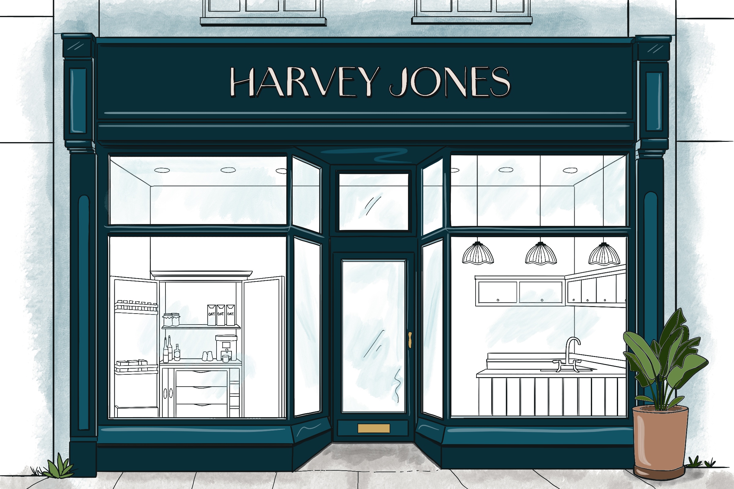harvey jones showroom illustration in navy blue