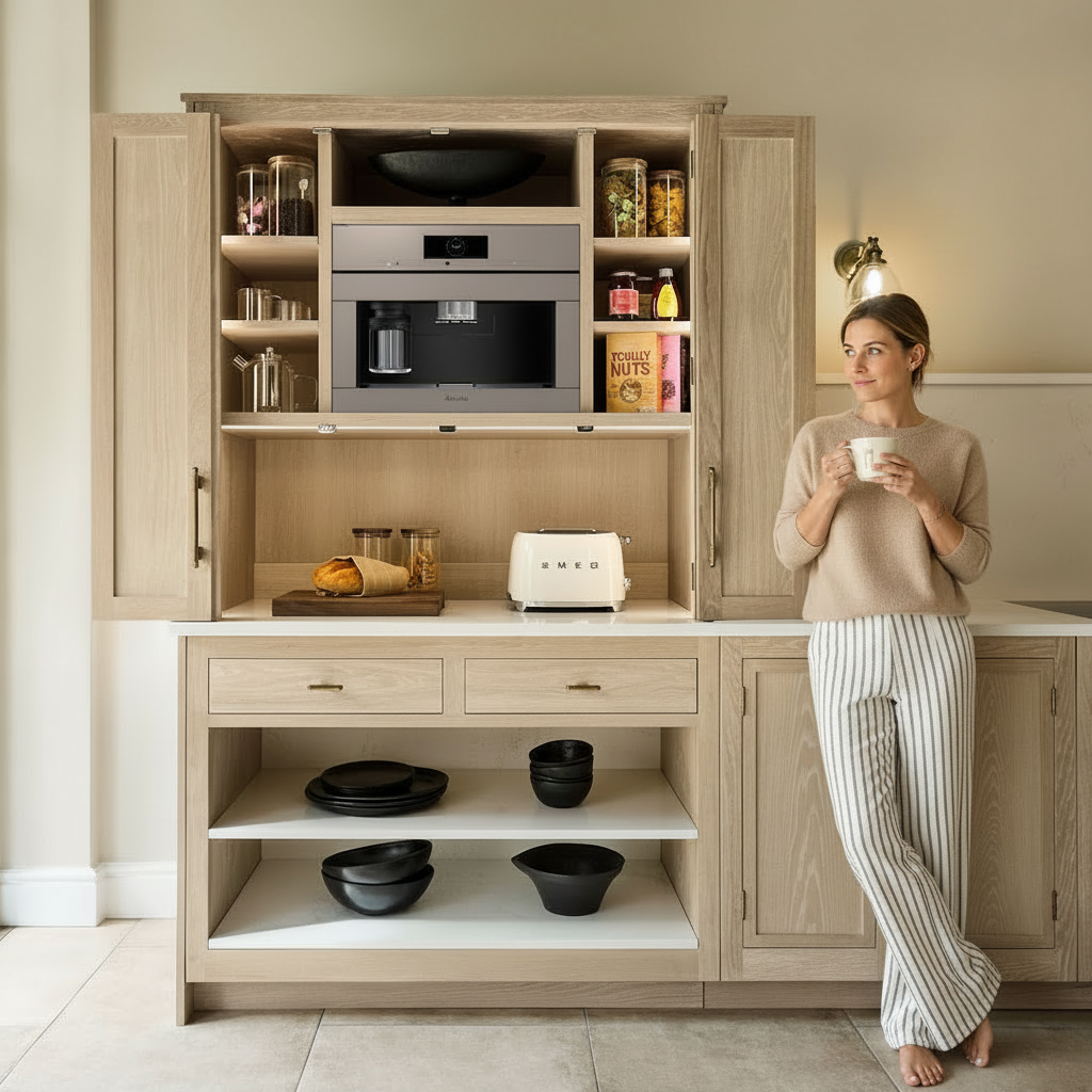 Wooden Shaker kitchen with coffee station breakfast dresser