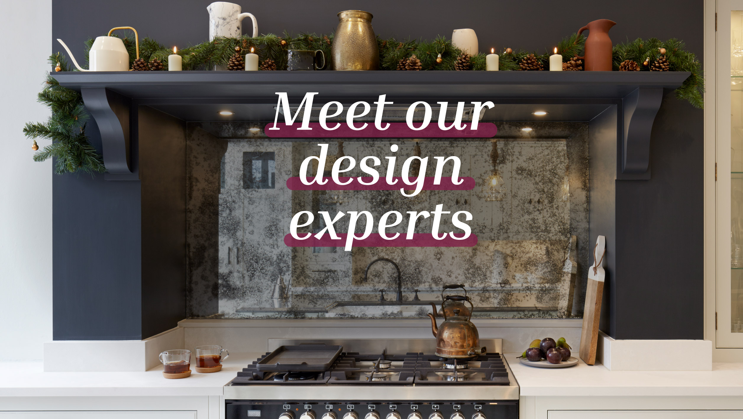 harvey jones kitchen with backsplash and oven, text overlays the image saying 'Meet our design experts'