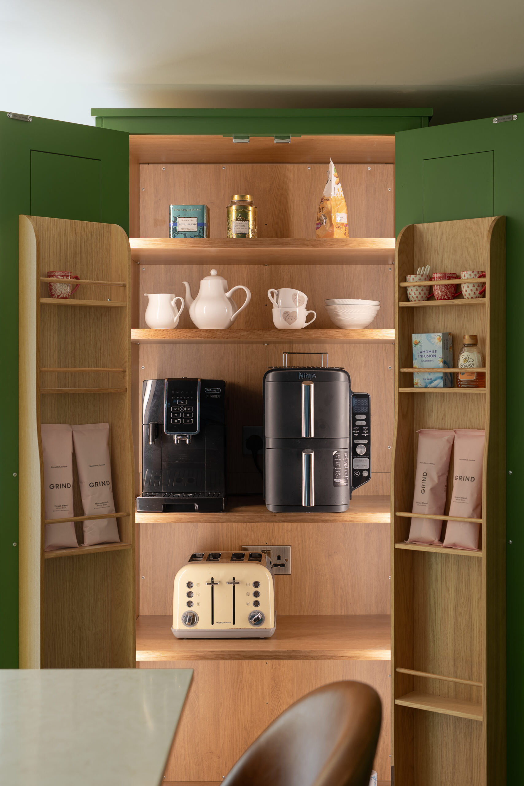 Forest Green Shaker Kitchen Cabinet with Hot Drinks and Food Preparation