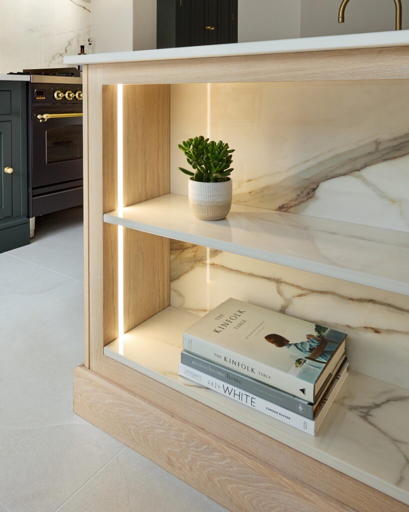Harvey Jones Shaker Arbor kitchen display featuring kitchen island storage