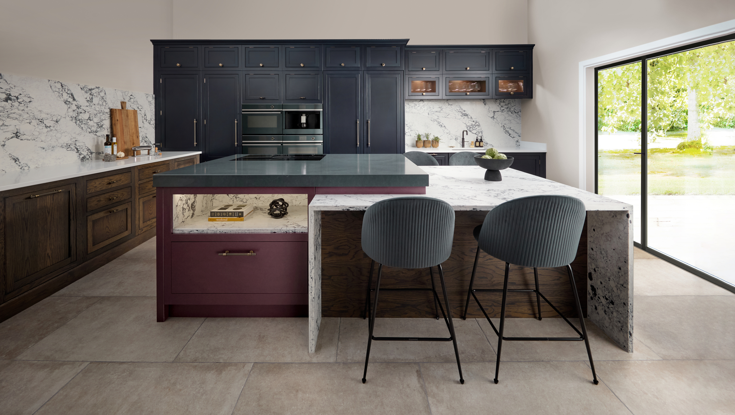 Navy kitchen with dark burgundy kitchen island for a bold kitchen design