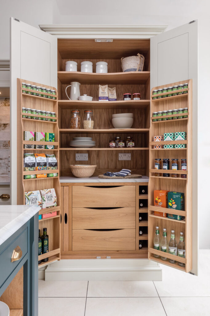 fully stocked pantry with oak internals