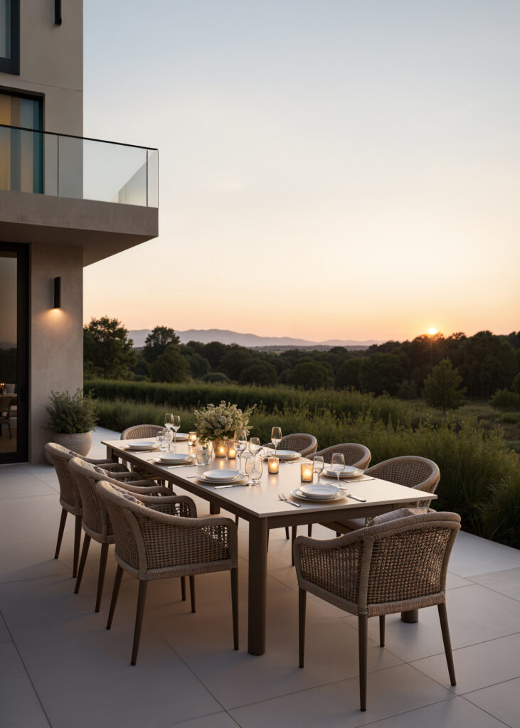 Sunset on a modern veranda with luxury garden dining area