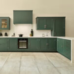 l shaped kitchen with waterfall worktop detail