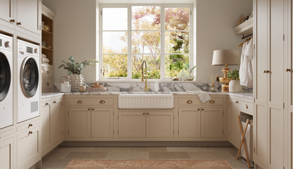 Neutral utility room with marble worktops and stone flooring