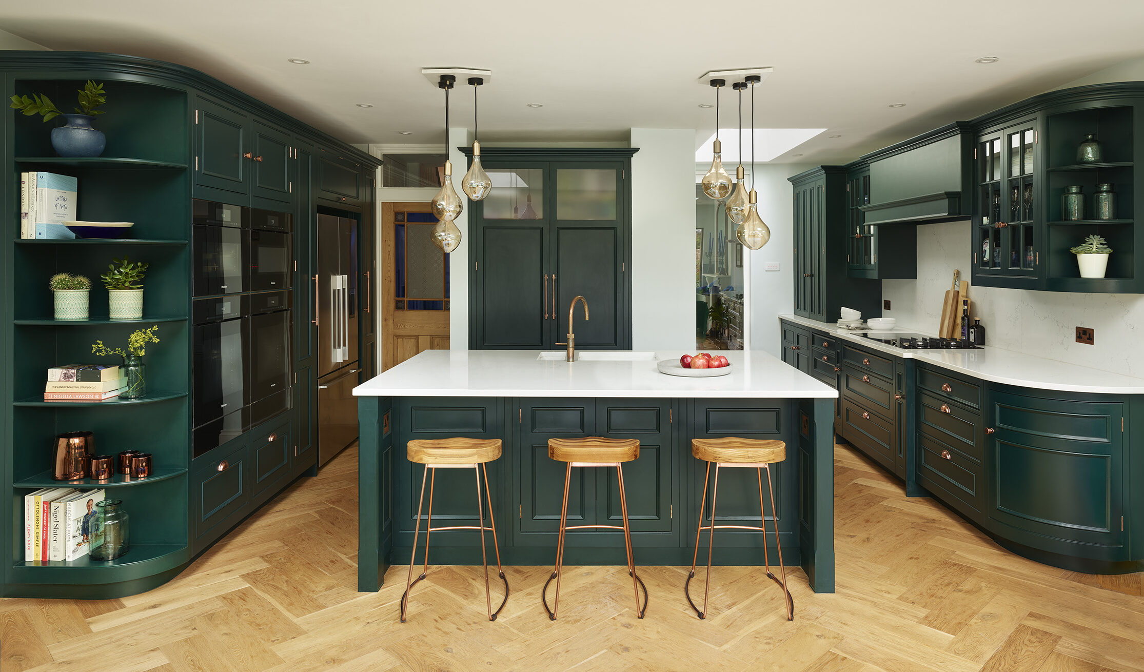 Dark Green Original kitchen with warm oak parquet flooring