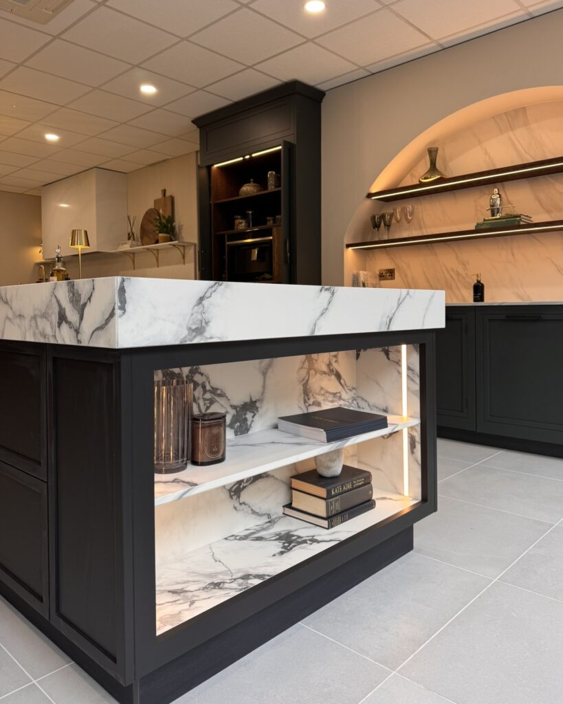 Bold kitchen island worktop with island open shelving