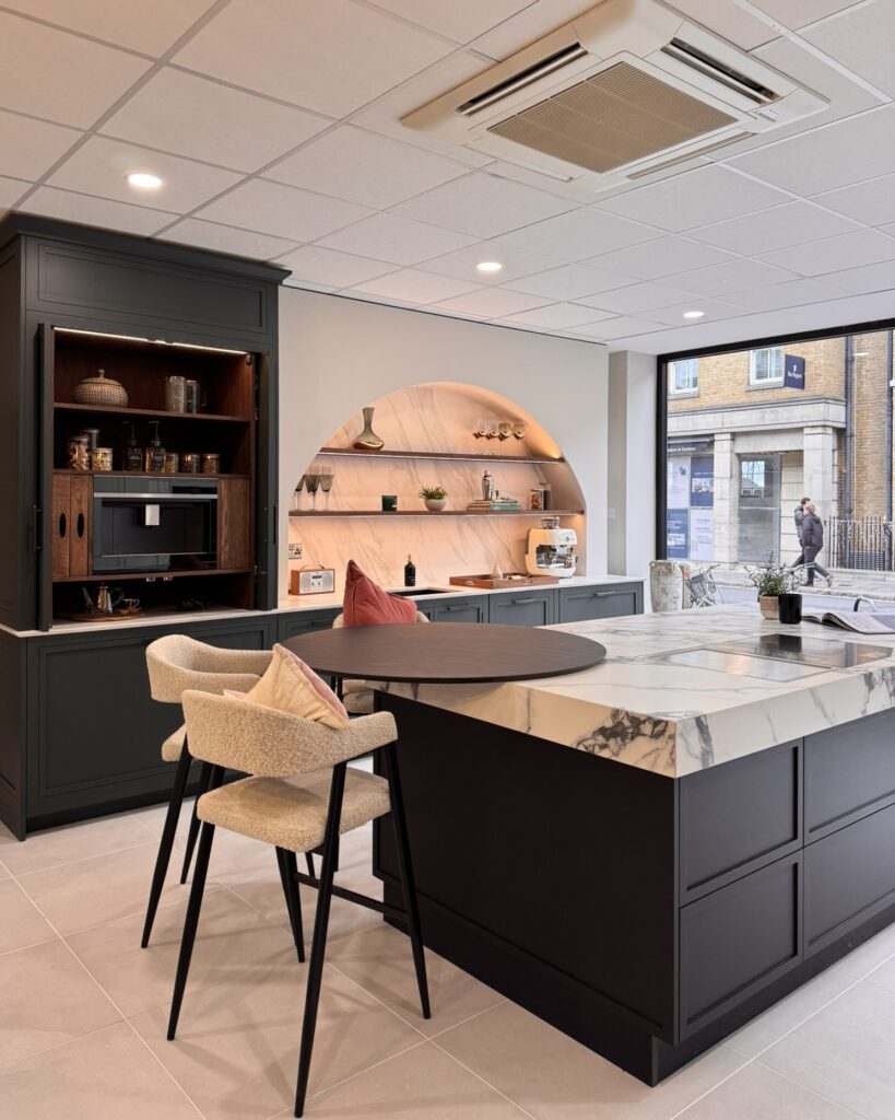 Modern kitchen island in stylish kitchen showroom