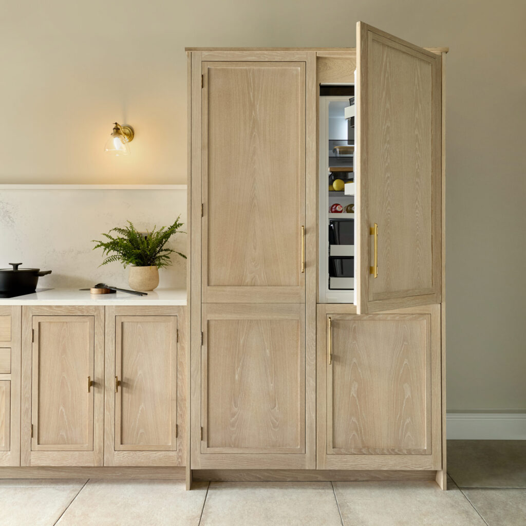 Washed oak Slim Shaker kitchen with integrated refrigerator