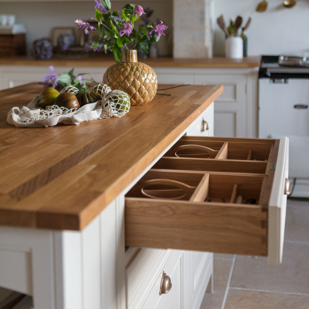 Close up of natural wood countertop and drawer inserts in a traditional kitchen design