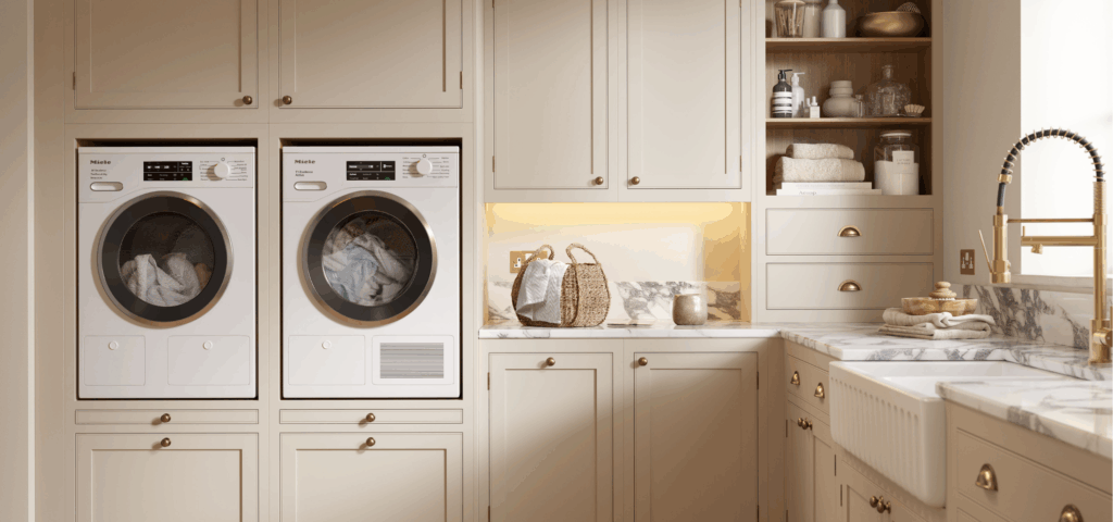 Cream kitchen cabinetry in a bespoke utility room