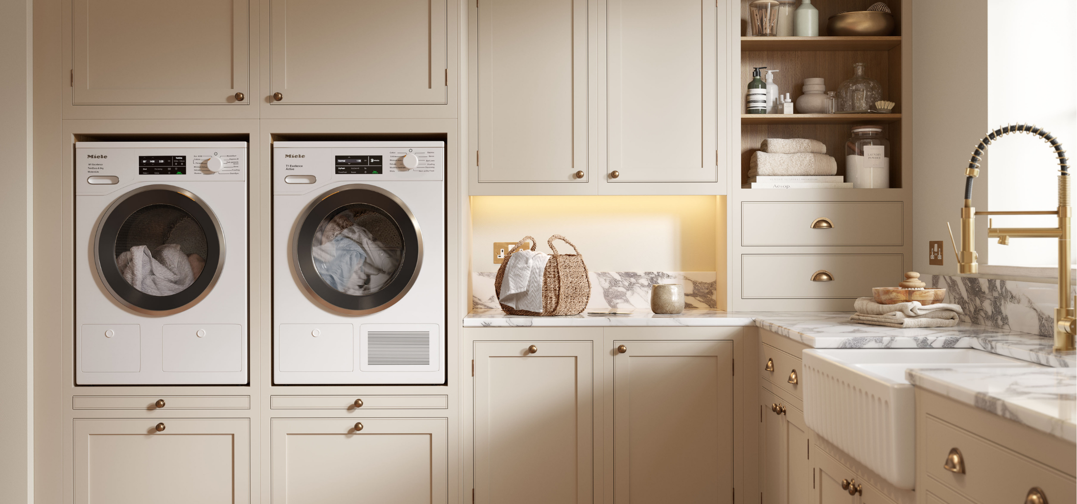 Cream kitchen cabinetry in a bespoke utility room