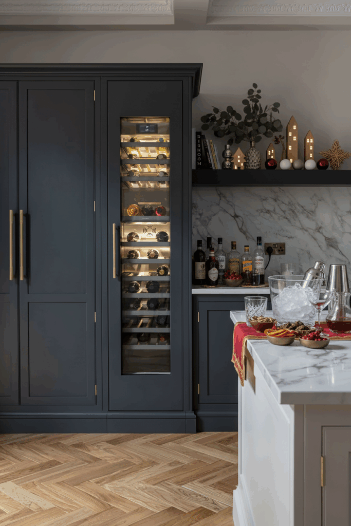 wine fridge and christmas decor for home bar set up