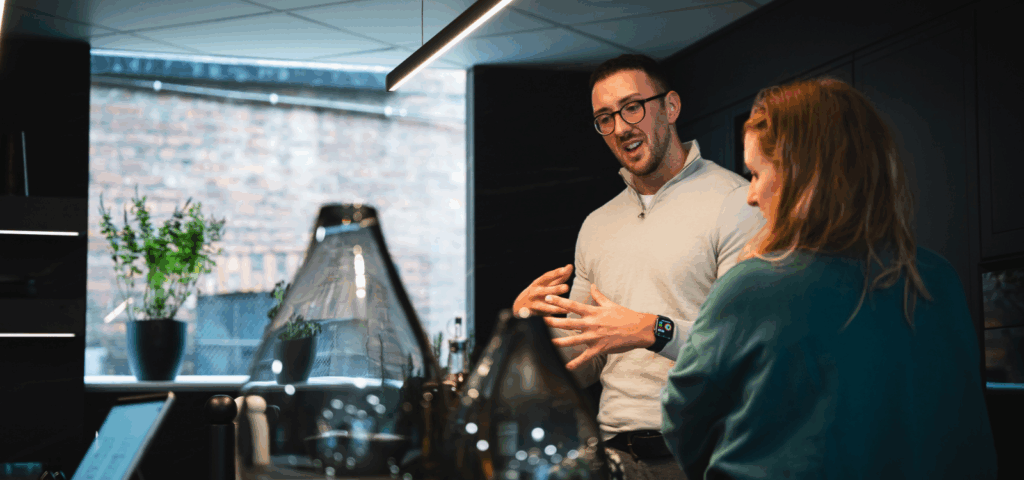 Kitchen designers discussing kitchen trends and bespoke kitchen design