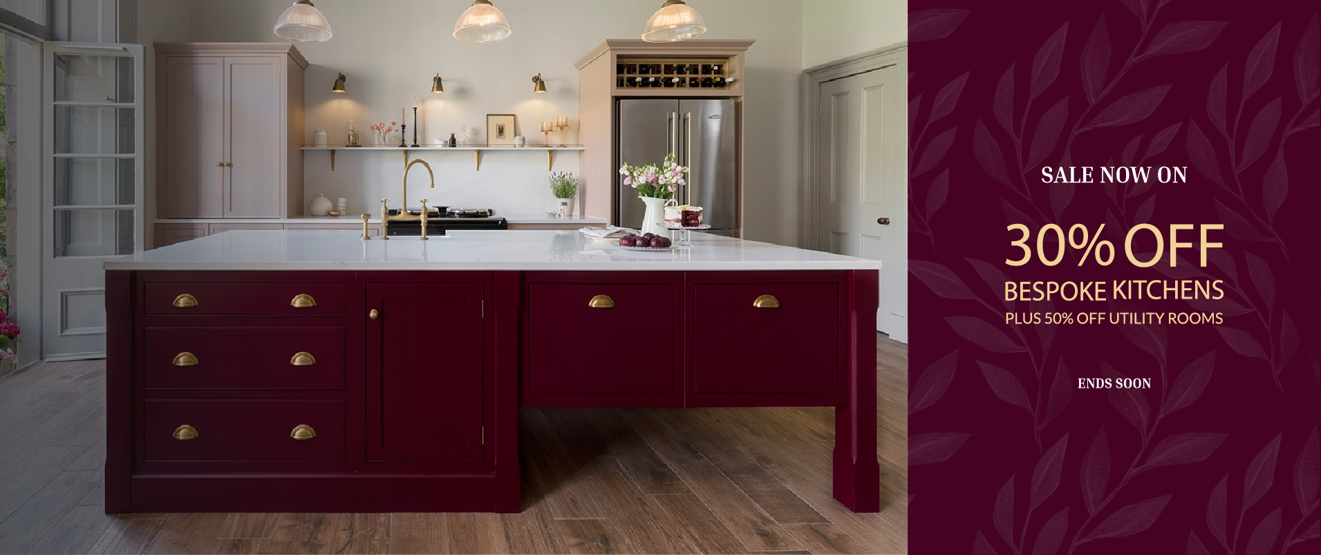 30% bespoke kitchen sale messaging with burgundy kitchen in background