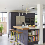 Modern navy island kitchen with quartz worktop, black and yellow bar stools and industrial style lighting.
