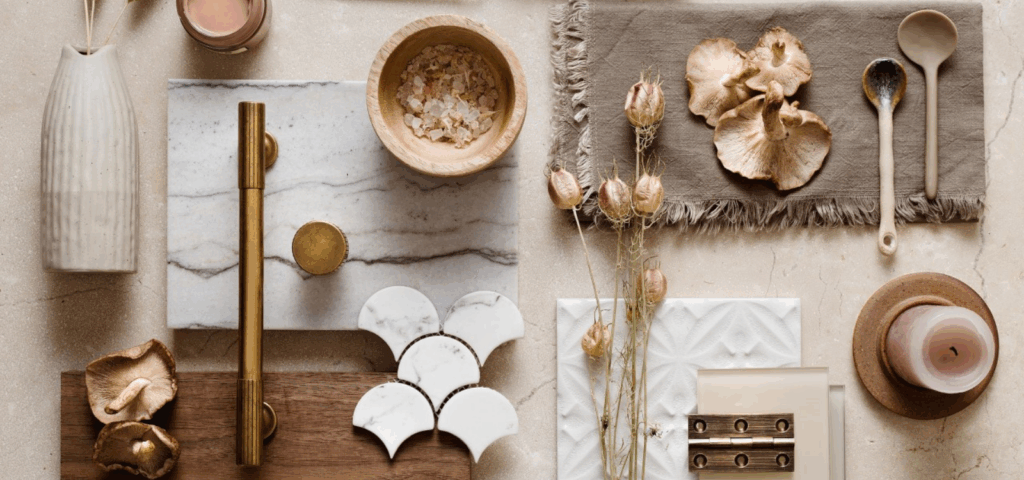 Neutral kitchen moodboard with natural textures and farmhouse features