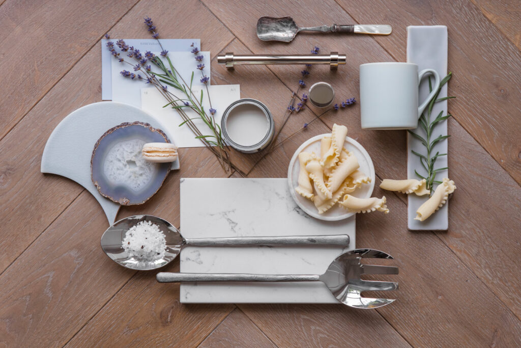 Natural kitchen moodboard with blue tones and warm features used during the bespoke kitchen design process