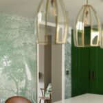 Green kitchen colour palette with green cabinetry and wallpaper accent wall