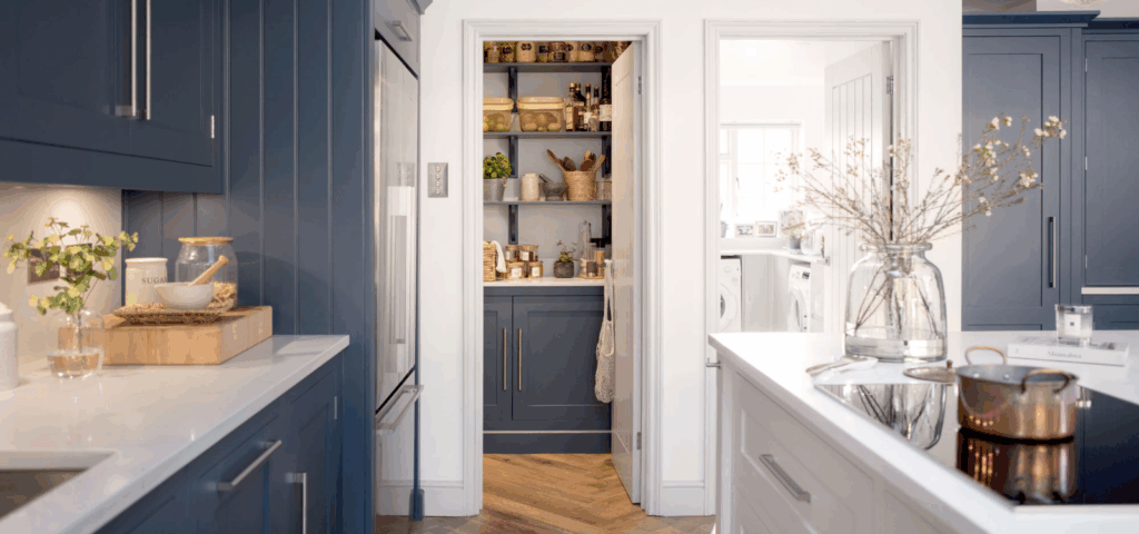 Navy and white bespoke kitchen with hidden walk in pantry