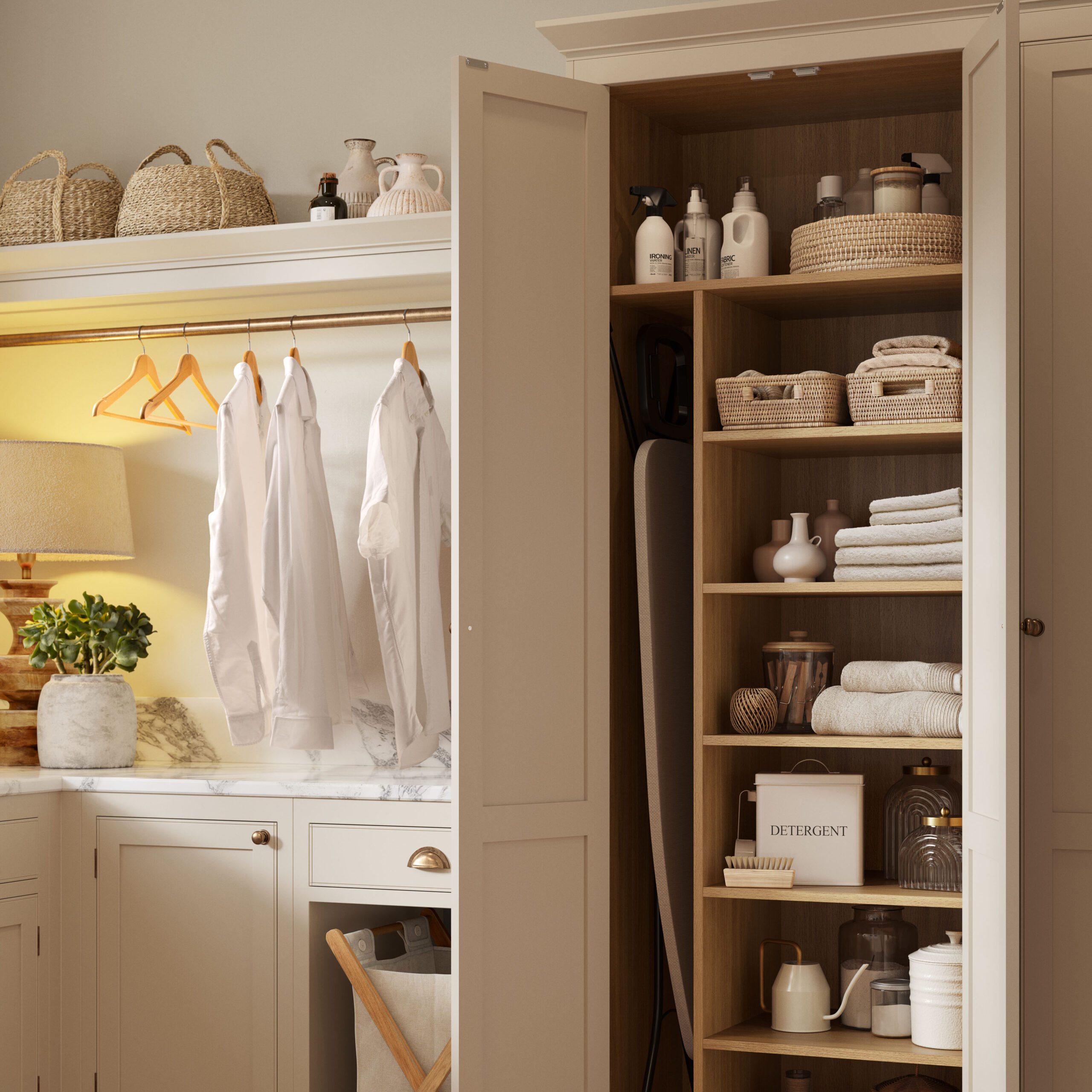 Vertical hidden cupboard storage in modern utility room