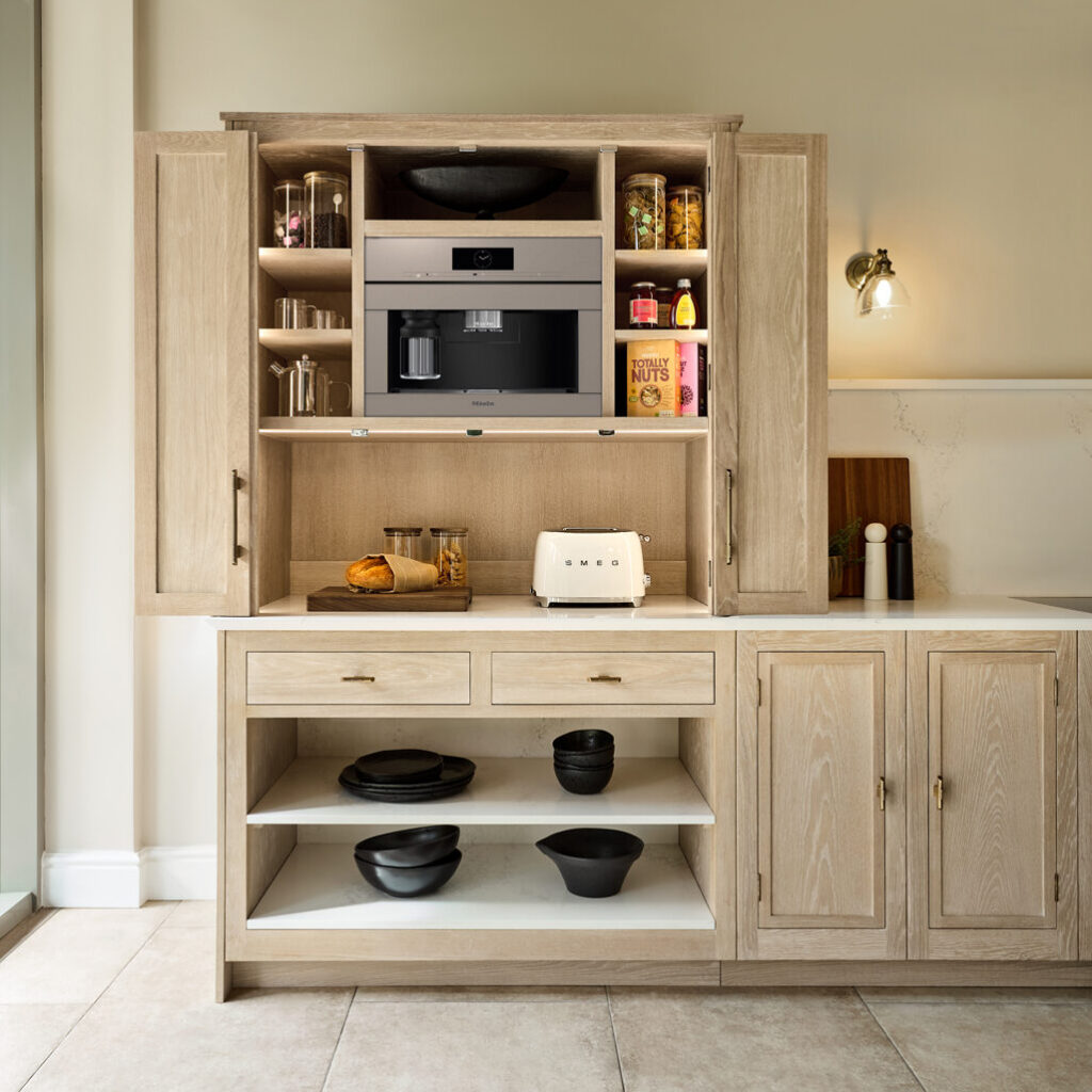 Breakfast dresser in washed oak Shaker kitchen with integrated coffee machine