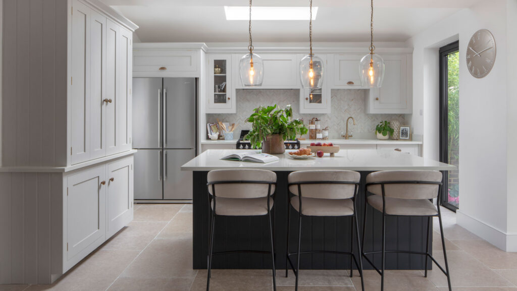 Modern shaker kitchen design with statement island and timeless cabinetry design