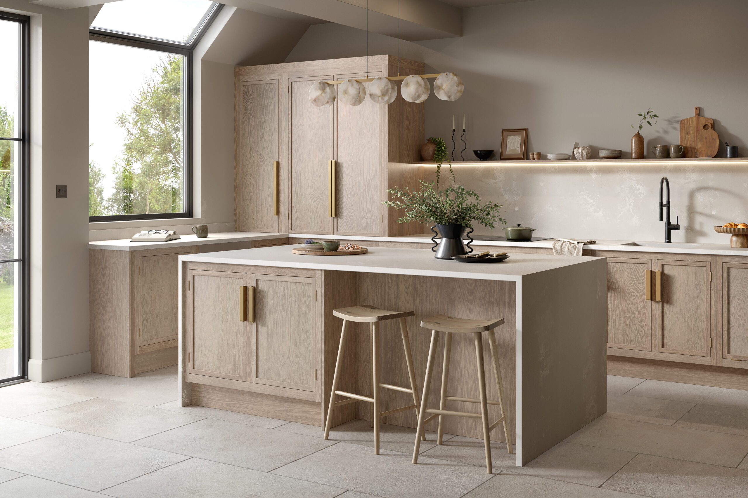 Light wash oak Slim Shaker kitchen with island seating and modern kitchen design