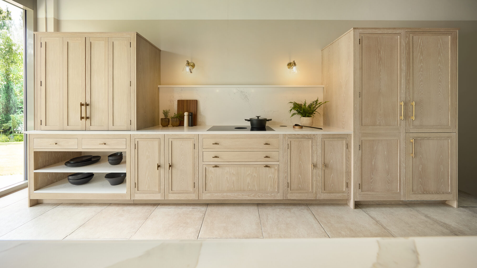 Light washed oak Slim Shaker kitchen design with modern features and open shelving