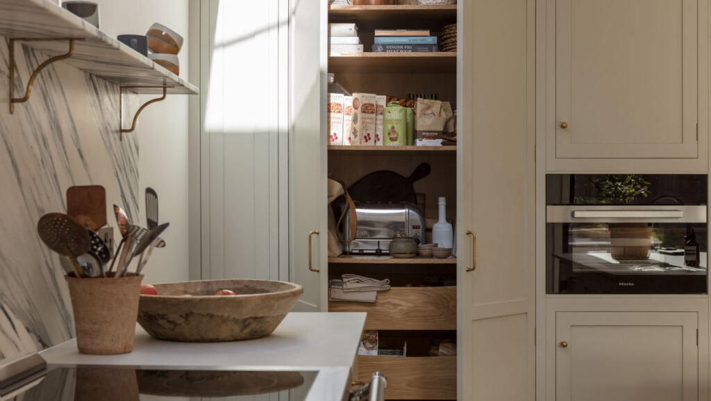 Breakfast dresser with bespoke wooden shelves and wooden worktop for storing appliances and preparation