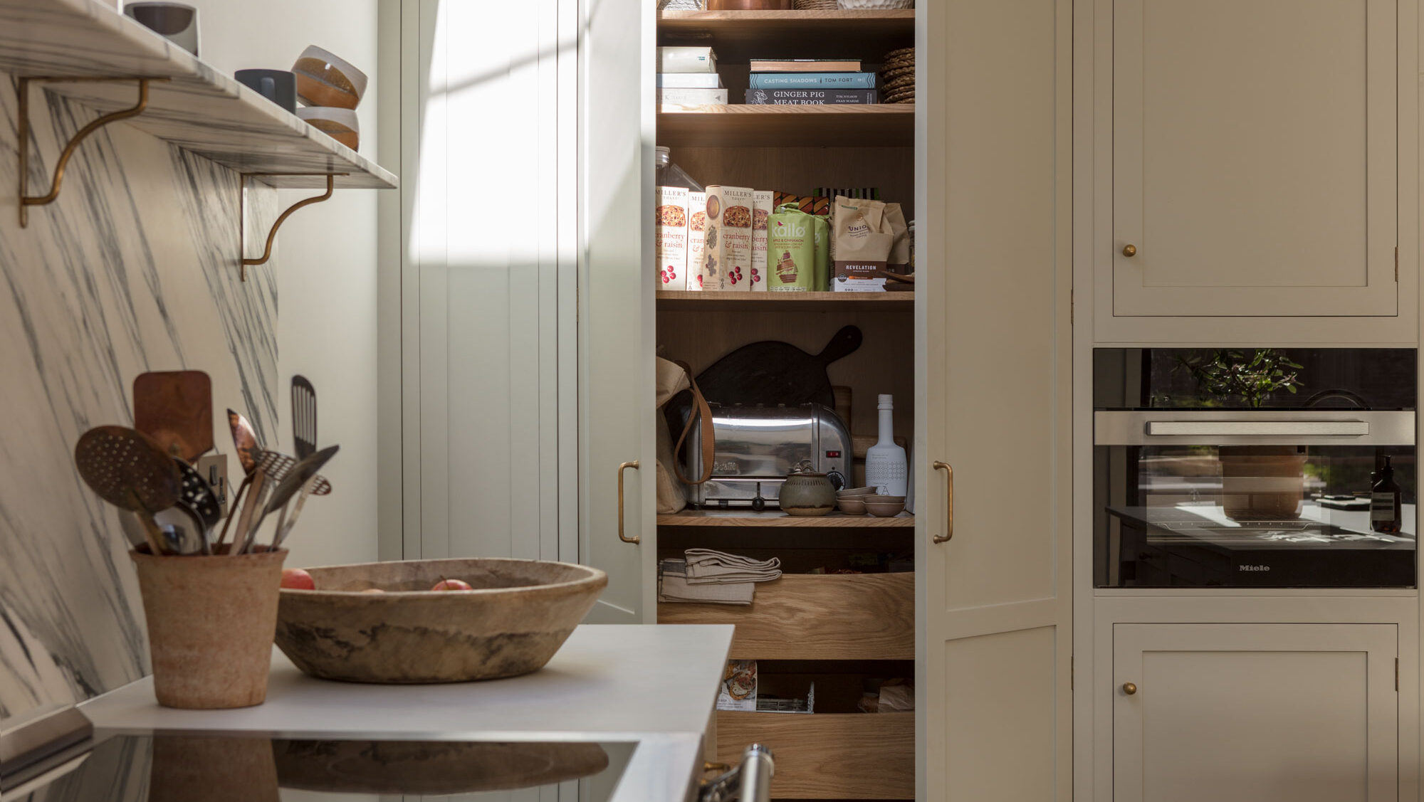 Breakfast dresser with bespoke wooden shelves and wooden worktop for storing appliances and preparation