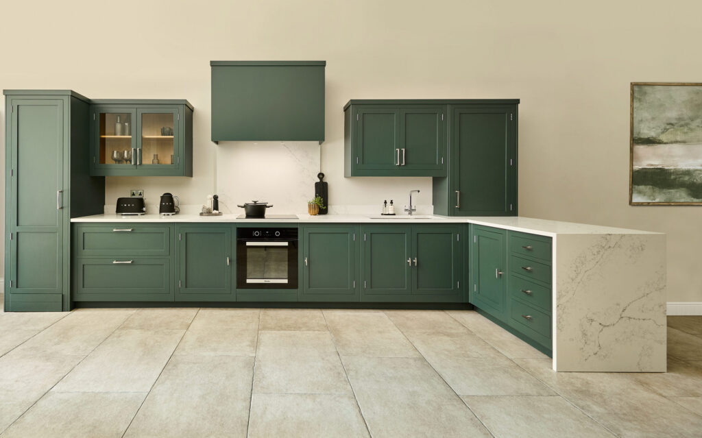 Green and neutral kitchen design with kitchen peninsula for zoning as a kitchen island alternative