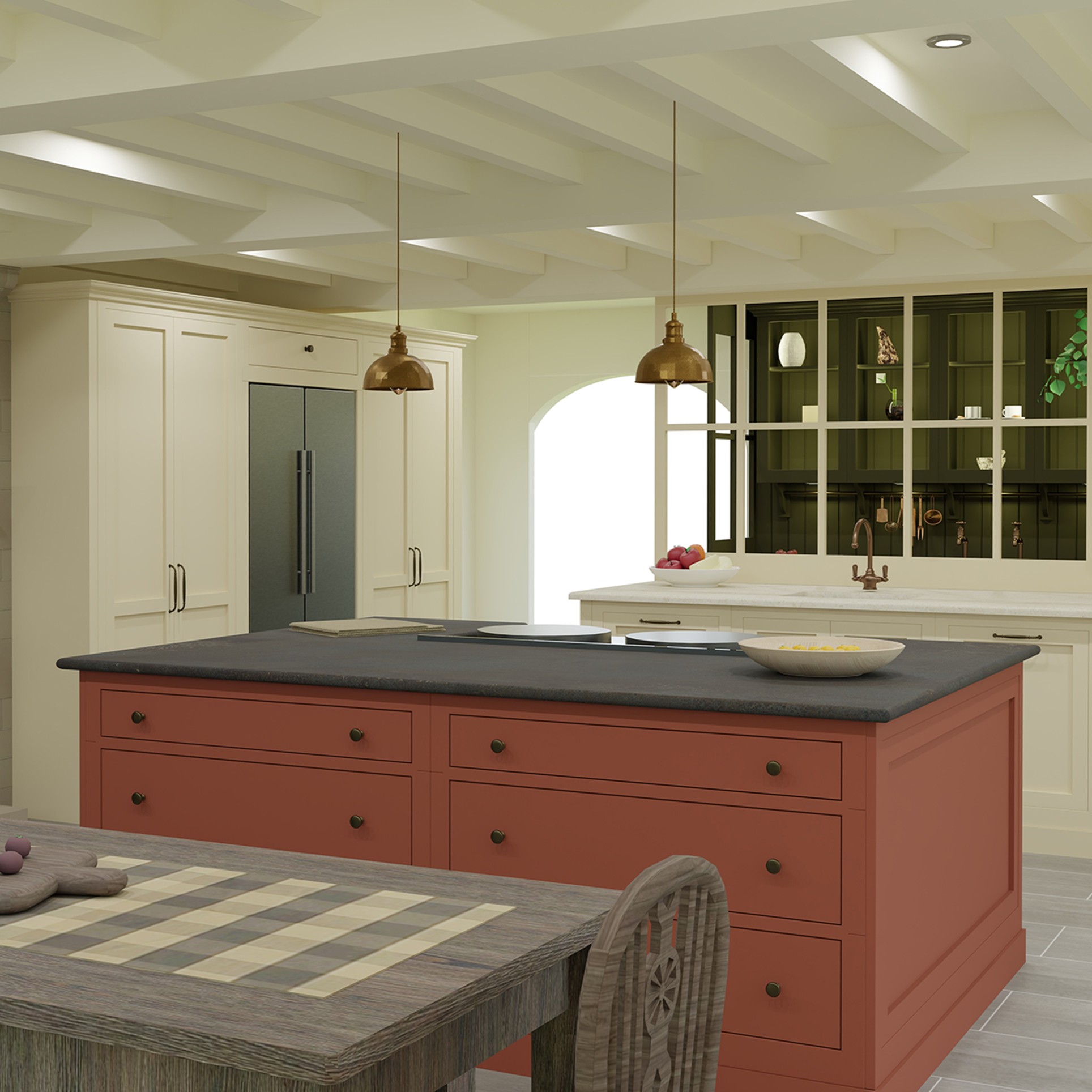 Terracotta statement kitchen island with a dark worktop in a neutral kitchen