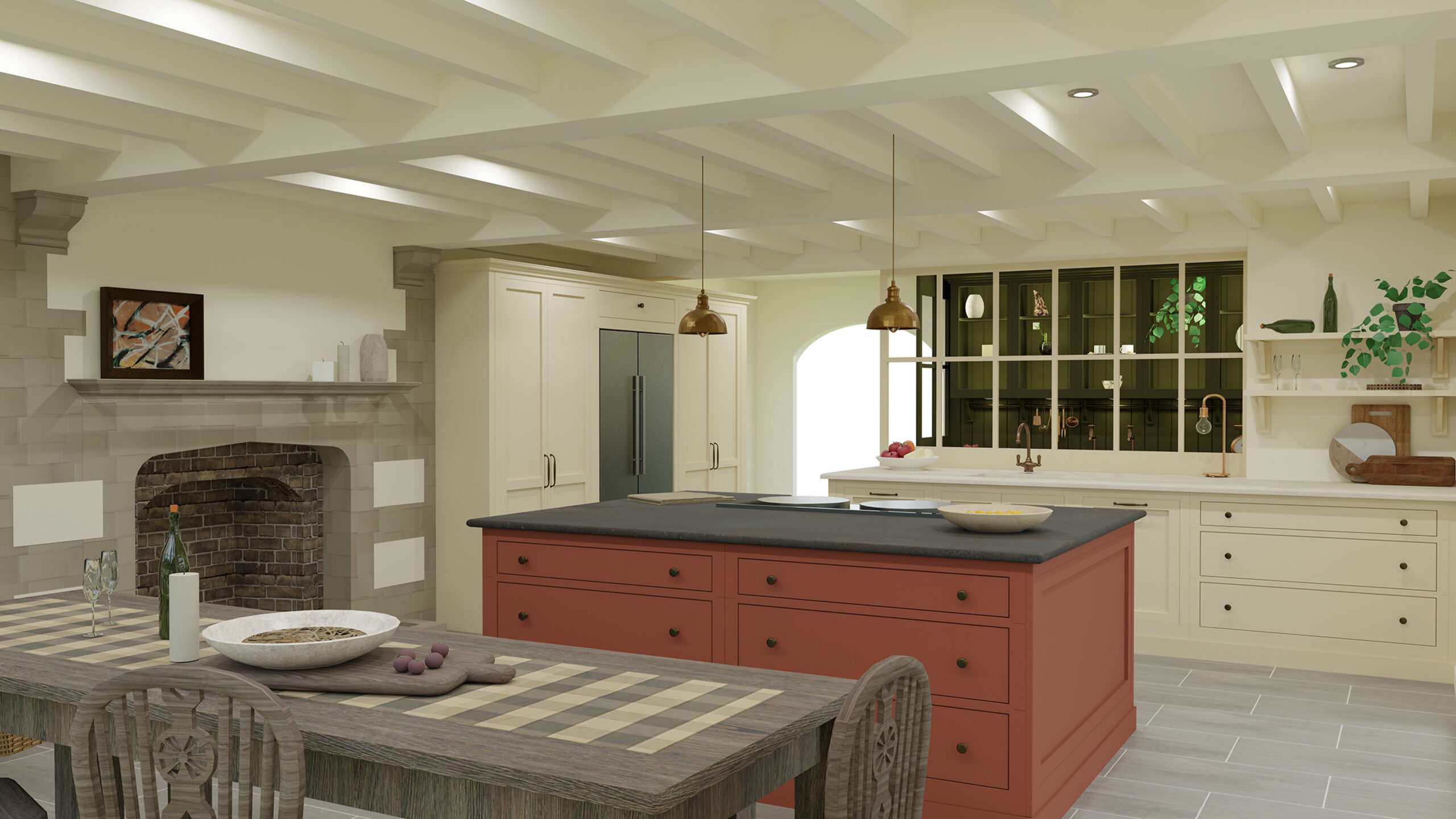 Modern bespoke kitchen design with neutral cabinetry and pops of colour, spotlighting architectural fireplace