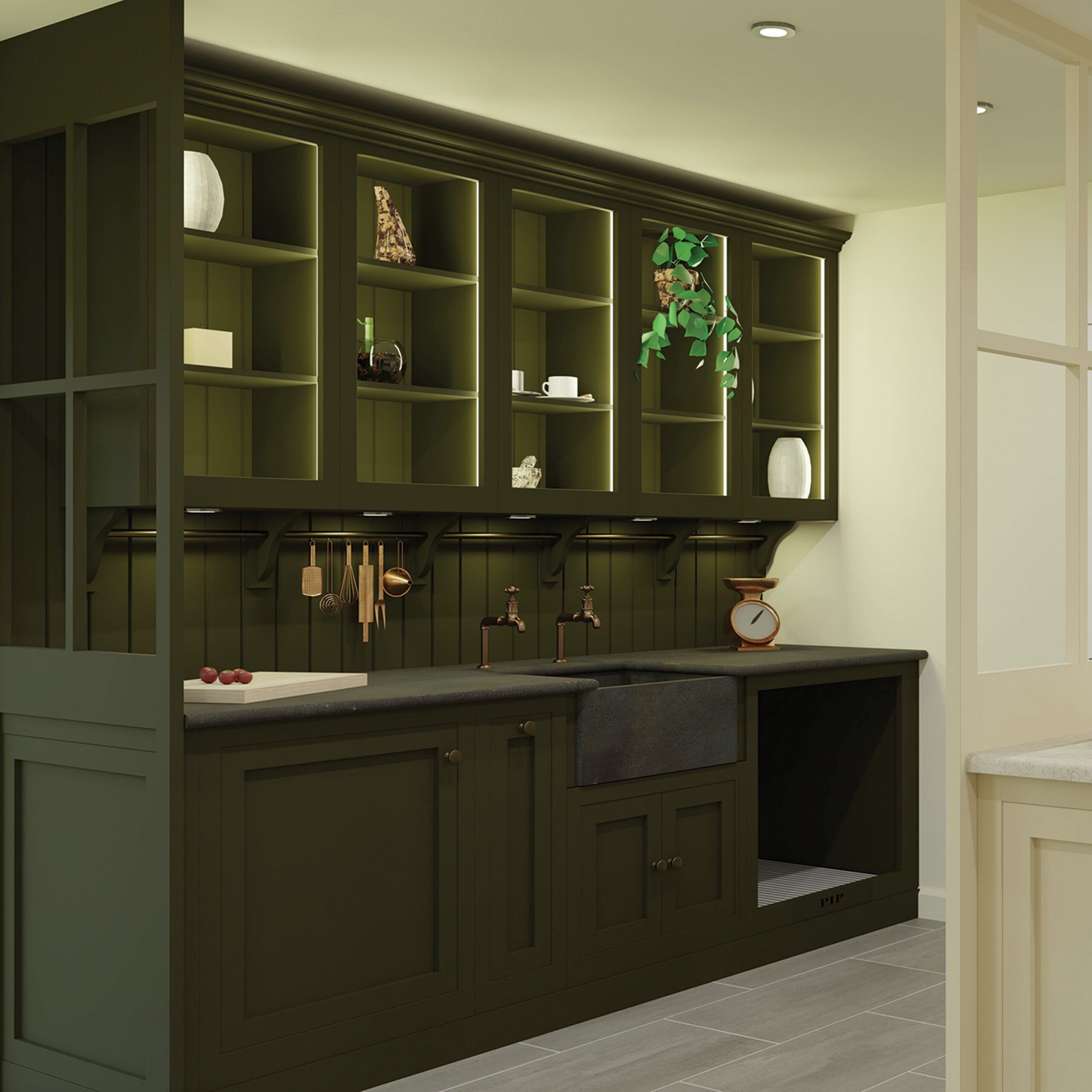 Dark green utility room with sink, pet zone and open shelving with lighting for storage, prep and cleaning