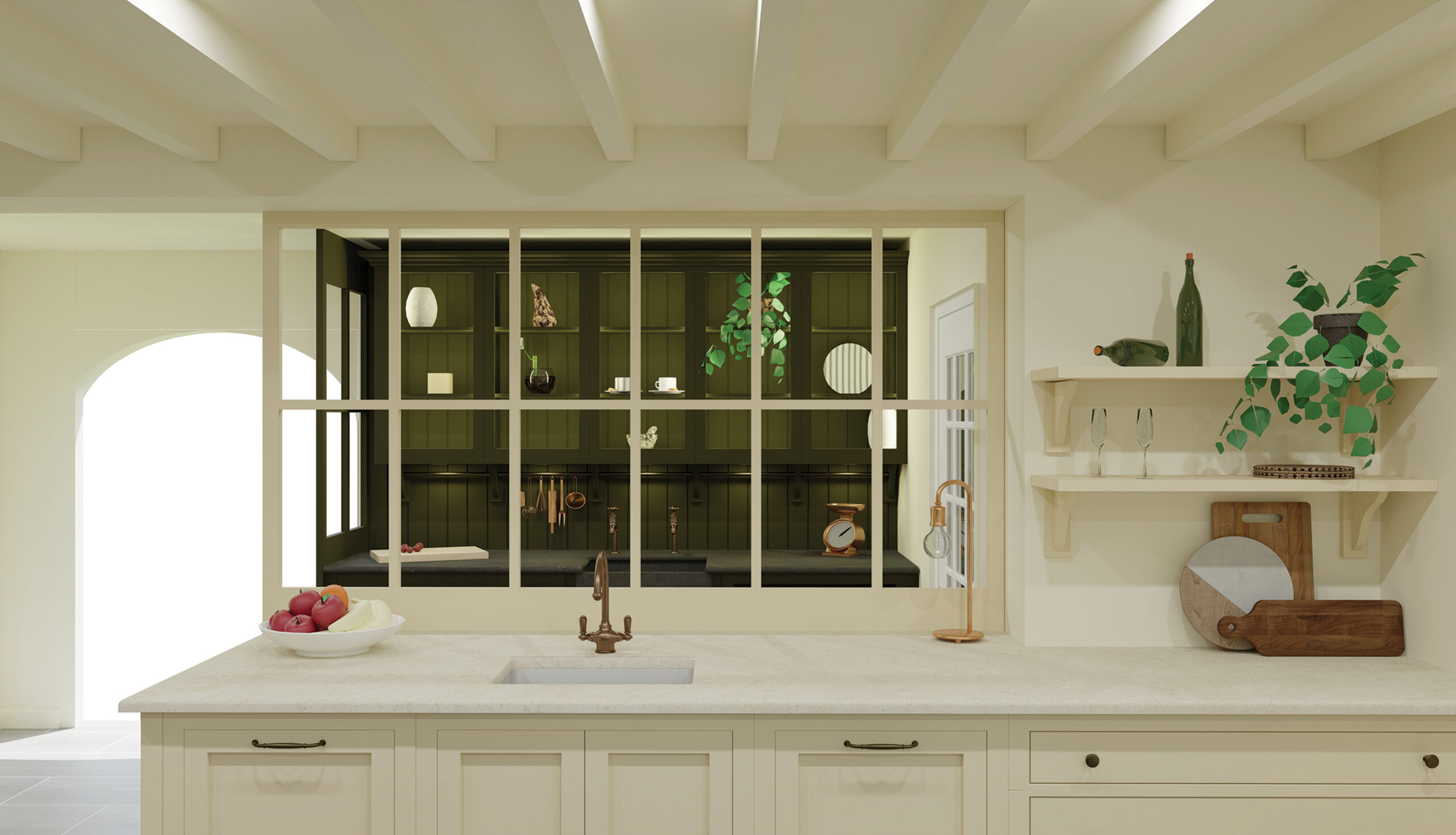 Neutral Shaker kitchen with subtle divider between kitchen and utility room area painted in dark green