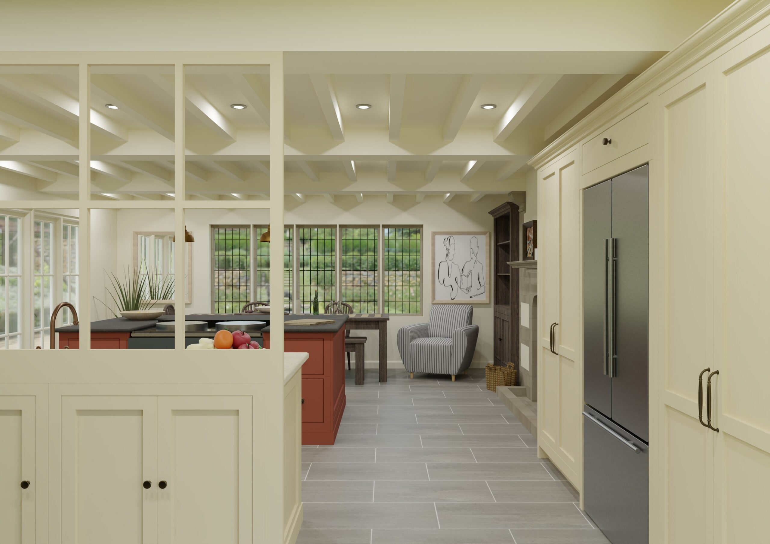 Bespoke kitchen design with warm neutral colour palette, with a bold terracotta island