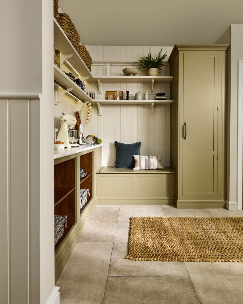 Mudroom nook painted in olive green with bench seating and hidden coat storage for small spaces
