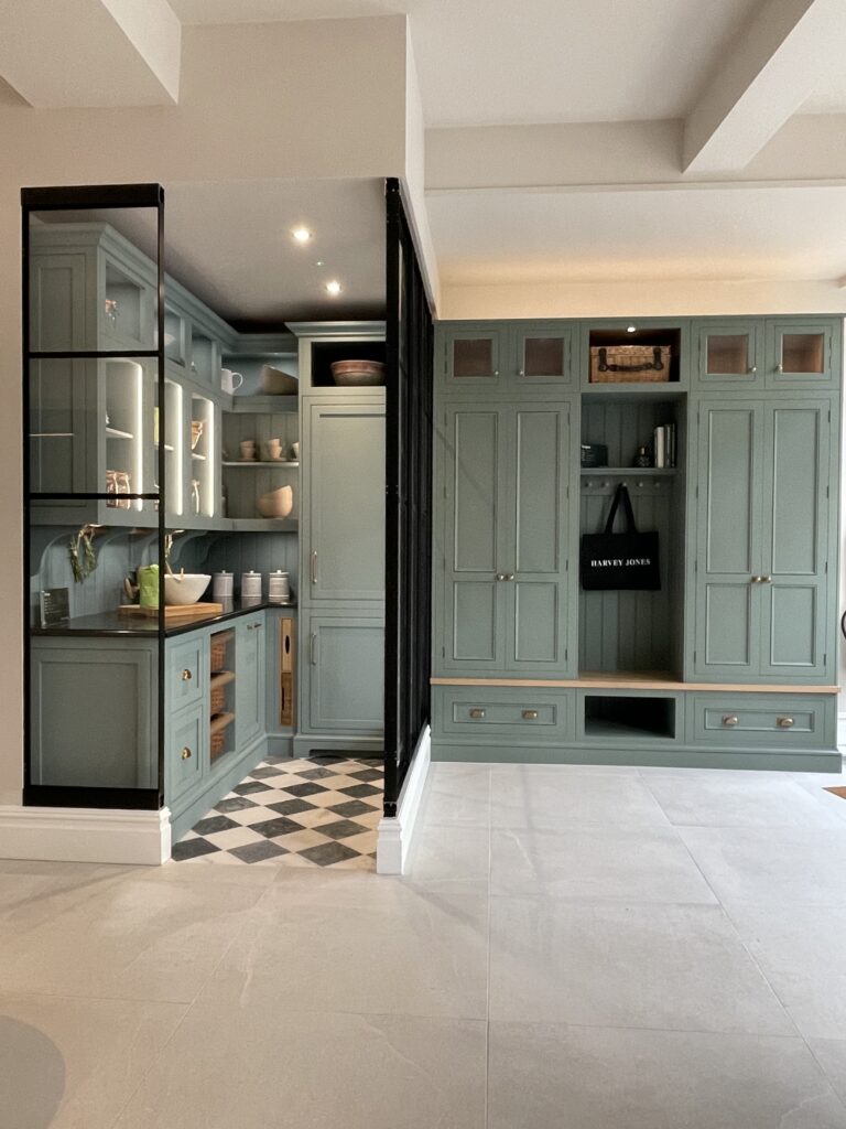 Harvey Jones kitchen showroom display of walk in pantry and boot room