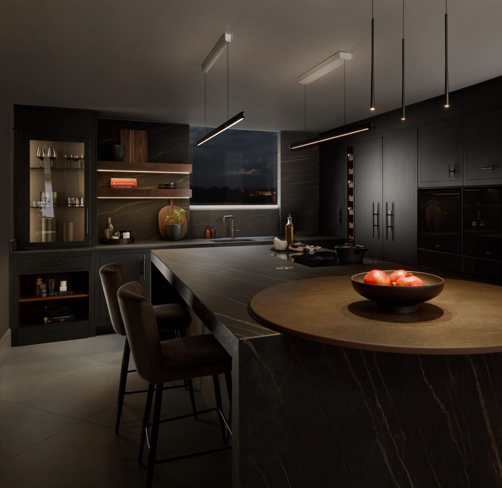 contemporary black kitchen design with curved island worktop and breakfast bar
