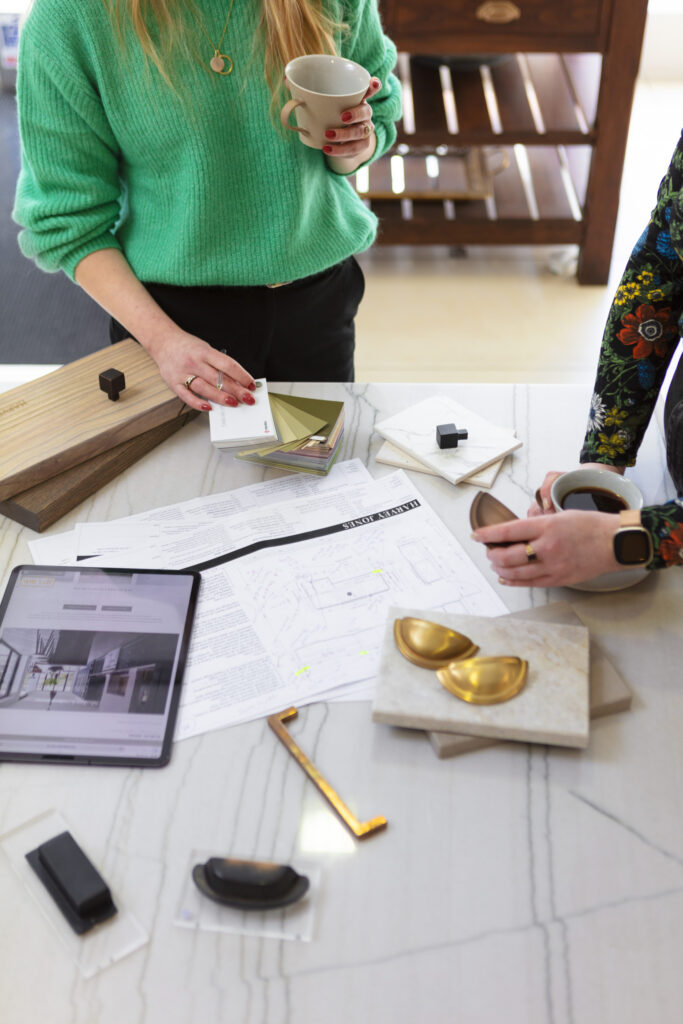 Harvey Jones kitchen showroom moodboarding with materials and colours