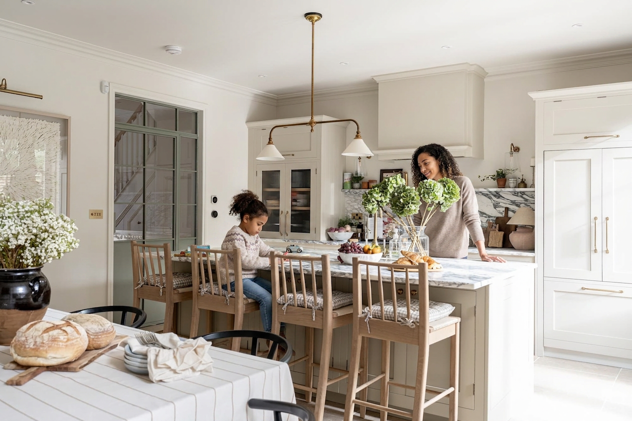 Neutral shaker kitchen design with breakfast bar island with a child drawing and mother cooking