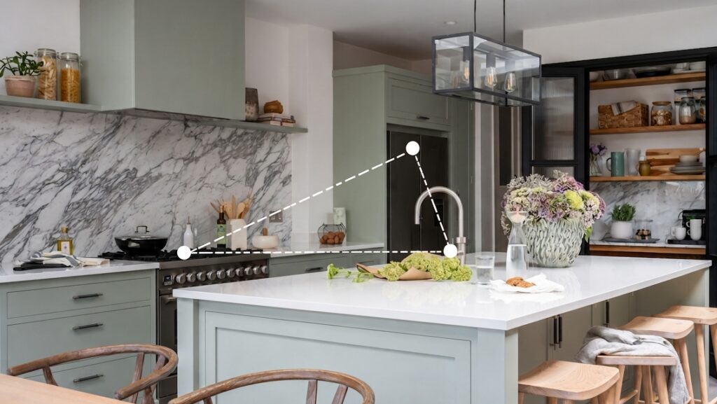 Light green Arbor kitchen with island and kitchen triangle illustration